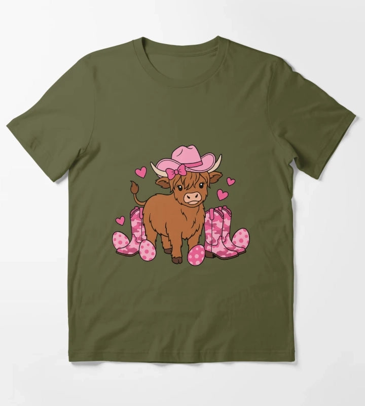 Girls Cowgirl Easter Highland Cow T-Shirt Olive Green