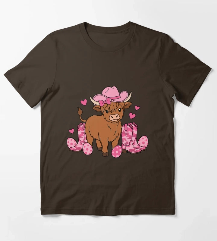 Girls Cowgirl Easter Highland Cow T-Shirt Brown