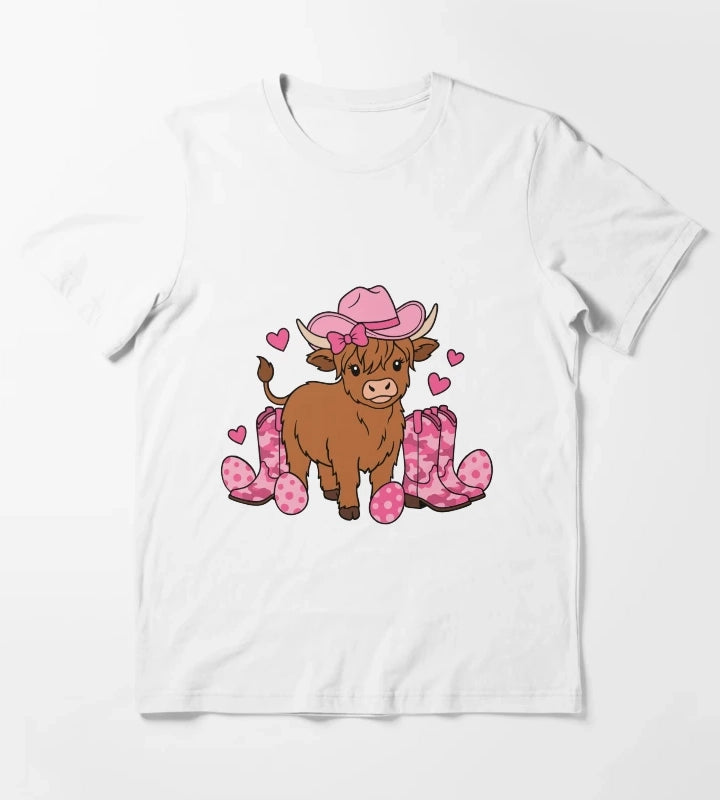 Girls Cowgirl Easter Highland Cow T-Shirt White
