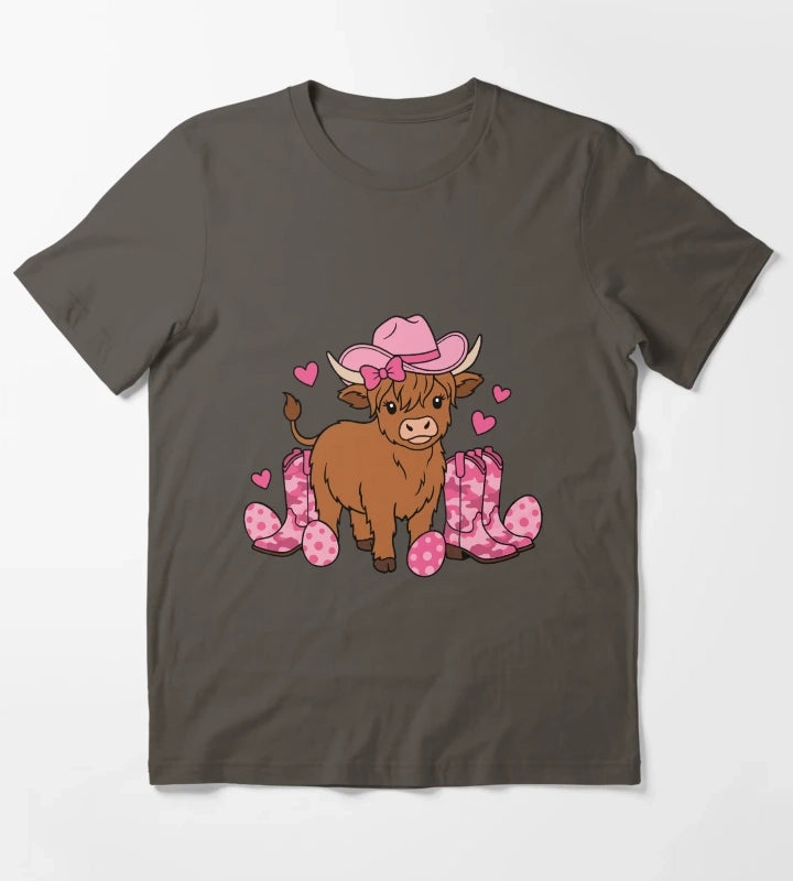 Girls Cowgirl Easter Highland Cow T-Shirt Dark Grey