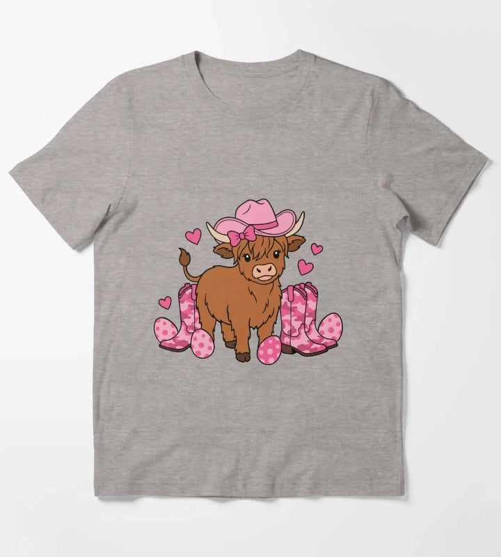 Girls Cowgirl Easter Highland Cow T-Shirt Heather Grey
