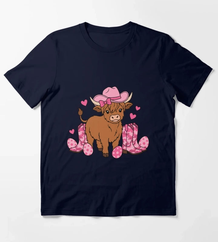 Girls Cowgirl Easter Highland Cow T-Shirt Navy