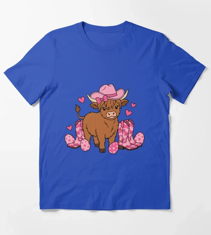 Girls Cowgirl Easter Highland Cow T-Shirt Blue