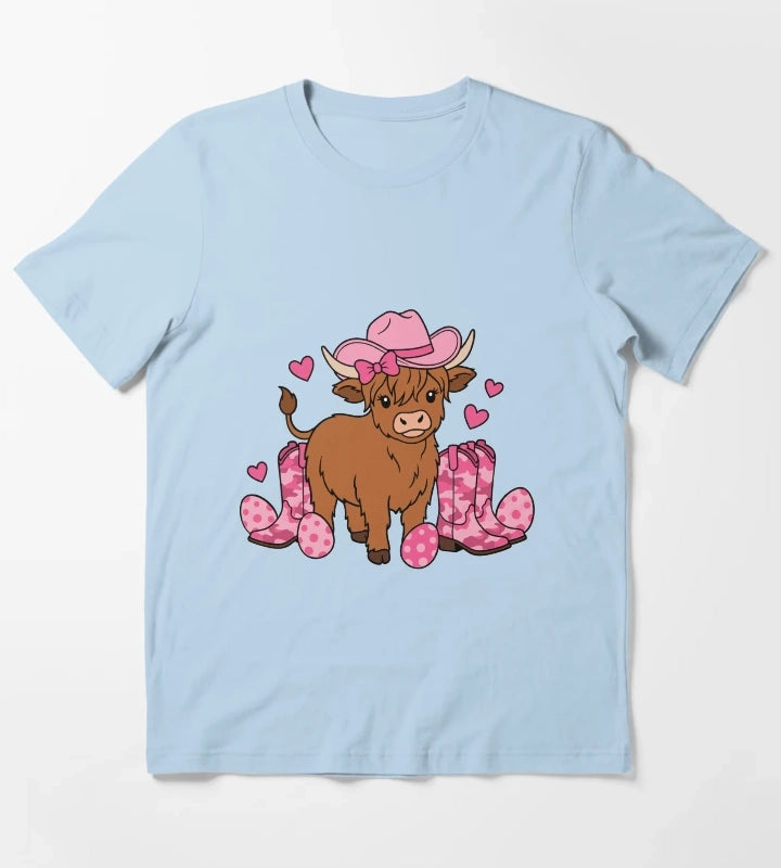 Girls Cowgirl Easter Highland Cow T-Shirt Sky Blue