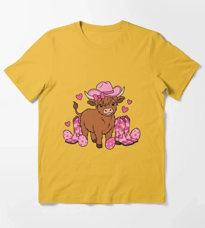 Girls Cowgirl Easter Highland Cow T-Shirt Yellow