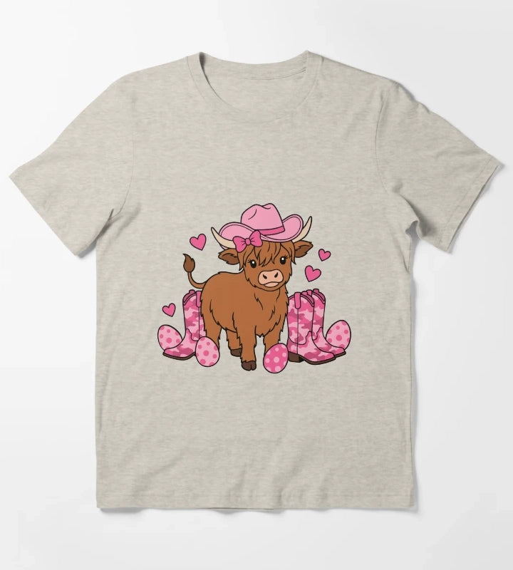 Girls Cowgirl Easter Highland Cow T-Shirt Cream