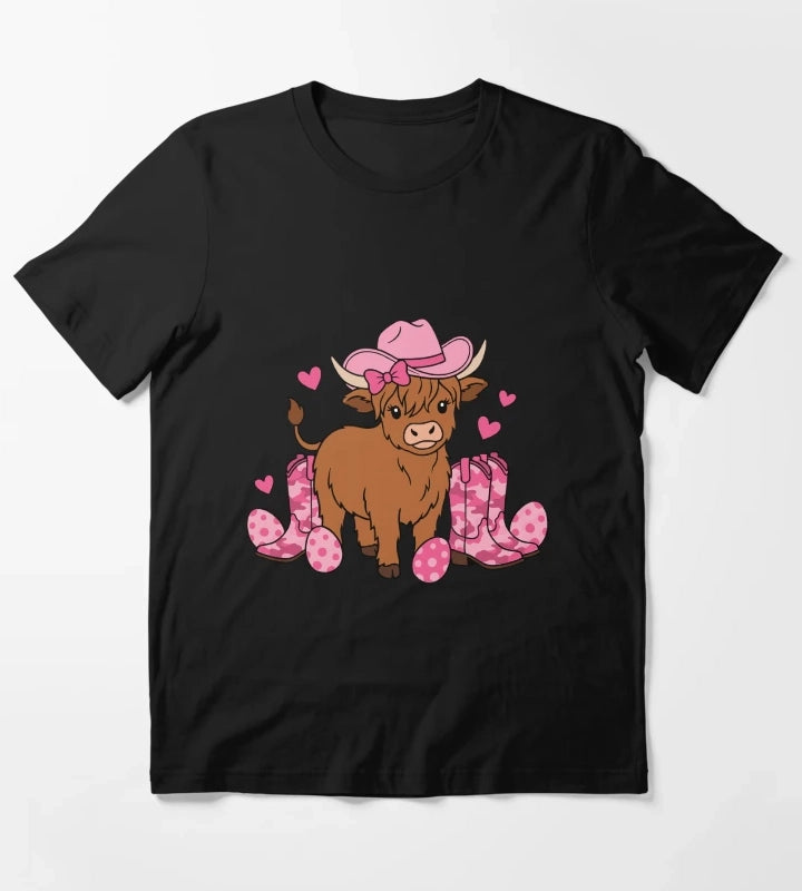 Girls Cowgirl Easter Highland Cow T-Shirt