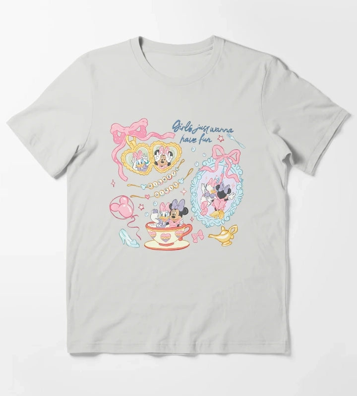 Girls Just Wanna Have Fun Summer Cartoon Shirt Cute Best Friends Pastel Graphic Tee T-Shirt Light Grey