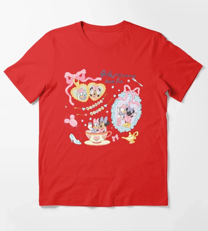 Girls Just Wanna Have Fun Summer Cartoon Shirt Cute Best Friends Pastel Graphic Tee T-Shirt Red