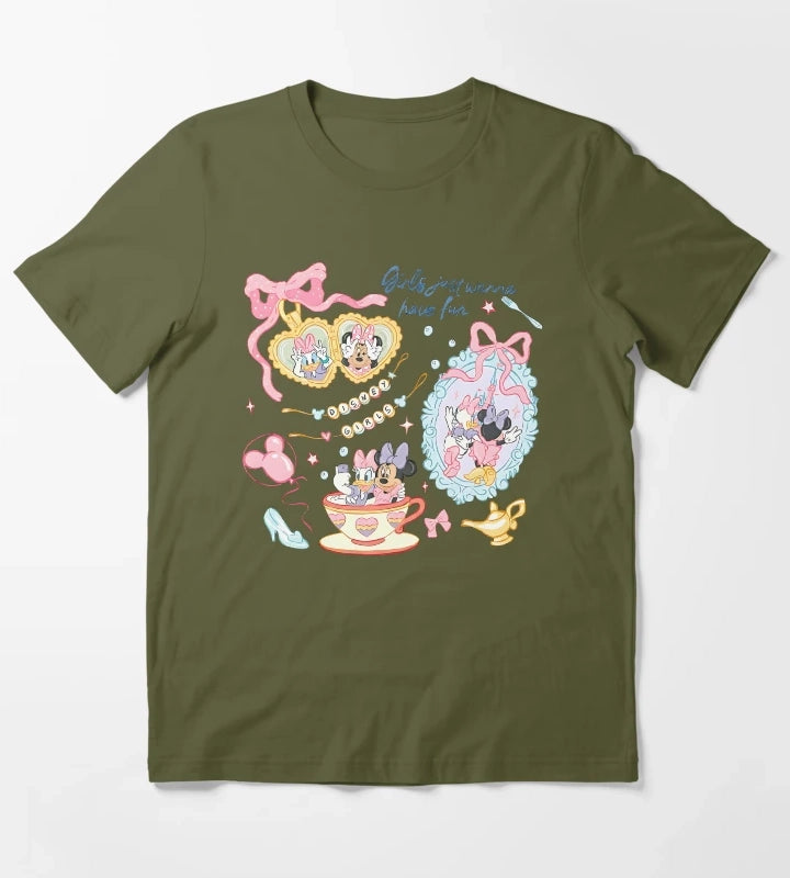 Girls Just Wanna Have Fun Summer Cartoon Shirt Cute Best Friends Pastel Graphic Tee T-Shirt Olive Green