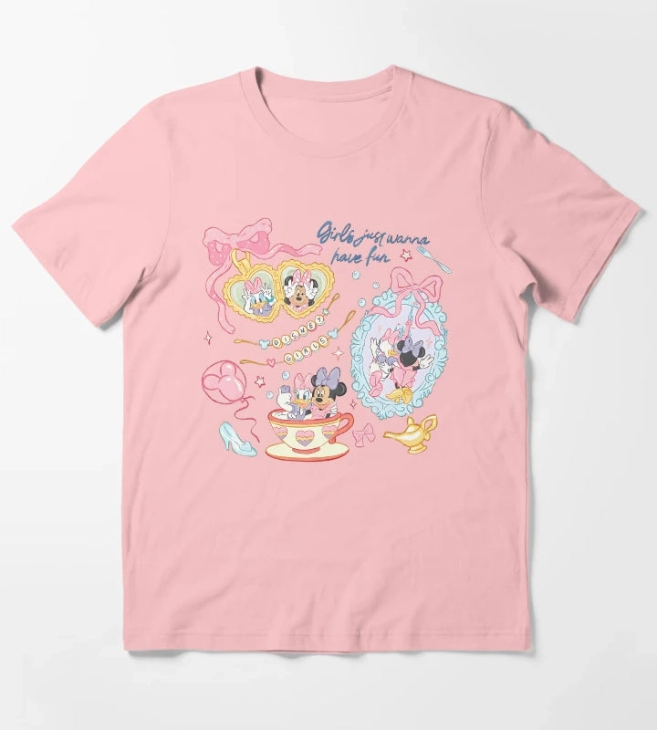Girls Just Wanna Have Fun Summer Cartoon Shirt Cute Best Friends Pastel Graphic Tee T-Shirt Dark Grey