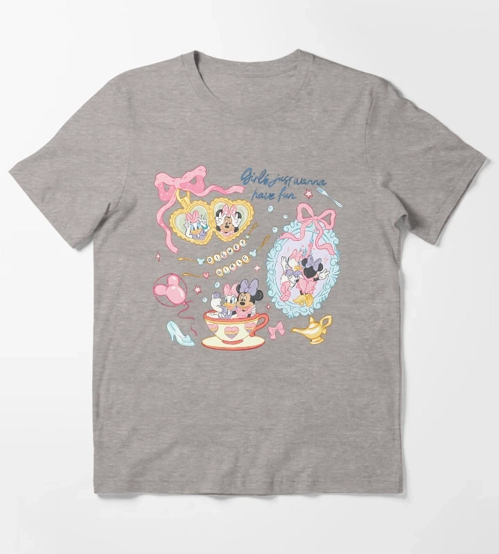 Girls Just Wanna Have Fun Summer Cartoon Shirt Cute Best Friends Pastel Graphic Tee T-Shirt Heather Grey