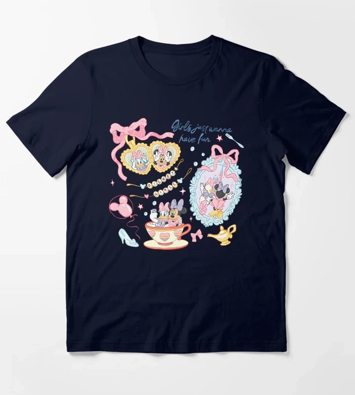 Girls Just Wanna Have Fun Summer Cartoon Shirt Cute Best Friends Pastel Graphic Tee T-Shirt Navy