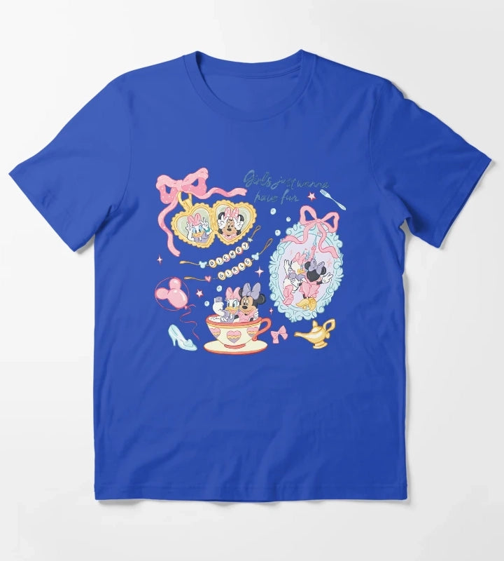 Girls Just Wanna Have Fun Summer Cartoon Shirt Cute Best Friends Pastel Graphic Tee T-Shirt Blue