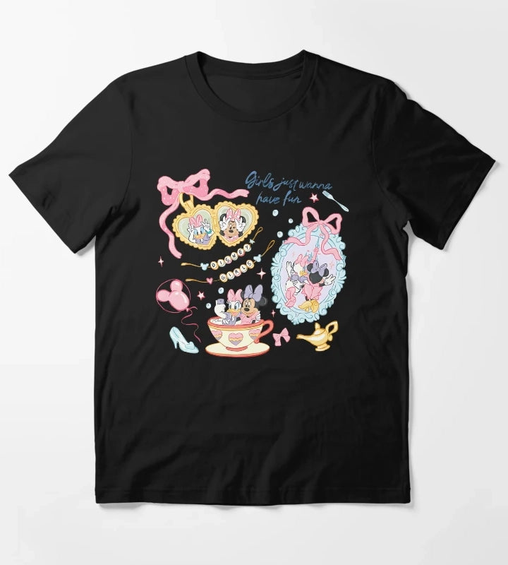 Girls Just Wanna Have Fun Summer Cartoon Shirt Cute Best Friends Pastel Graphic Tee T-Shirt