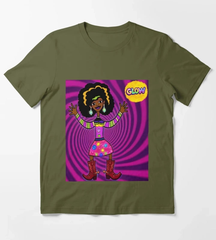 Glowing Psychedelic Afro Cowgirl T-Shirt Olive Green