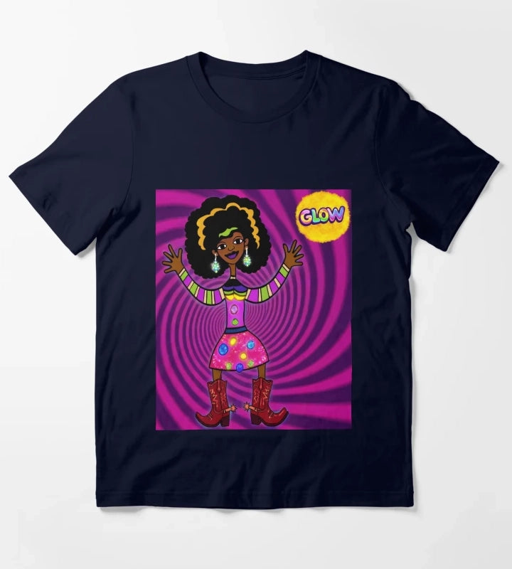 Glowing Psychedelic Afro Cowgirl T-Shirt Navy