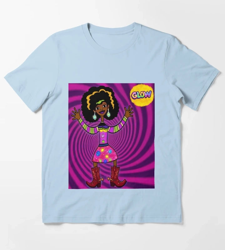 Glowing Psychedelic Afro Cowgirl T-Shirt Sky Blue