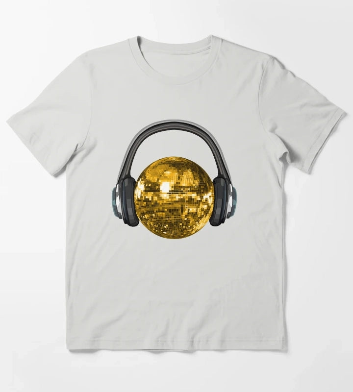 Gold Disco Ball with Headphones T-Shirt Light Grey