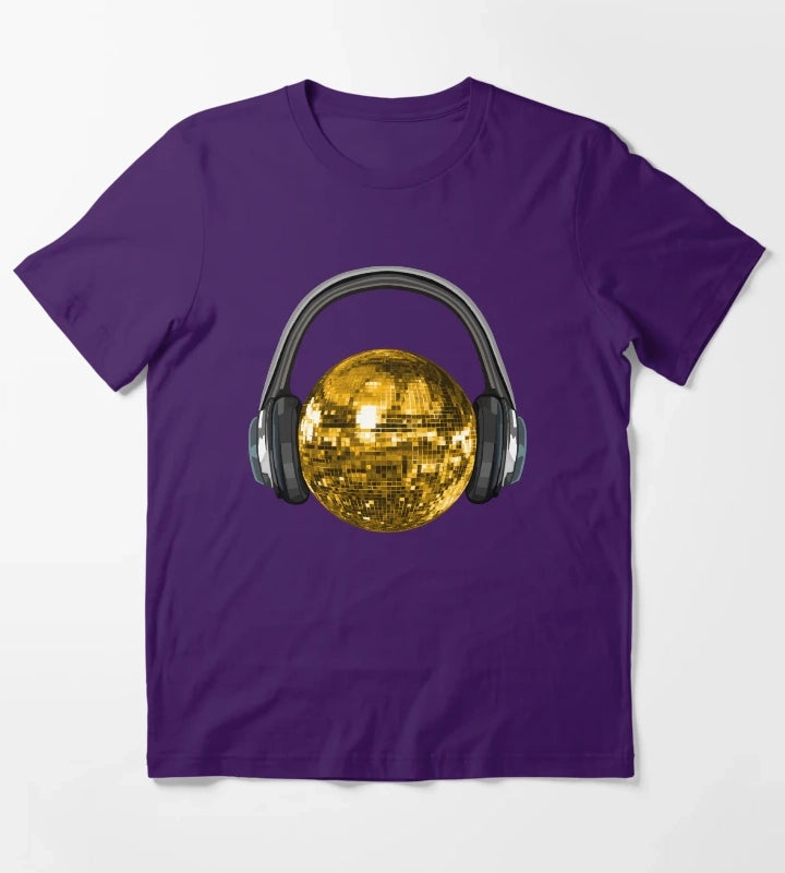 Gold Disco Ball with Headphones T-Shirt Purple