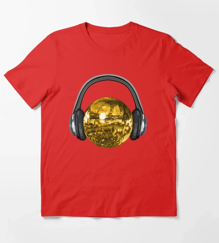 Gold Disco Ball with Headphones T-Shirt Red