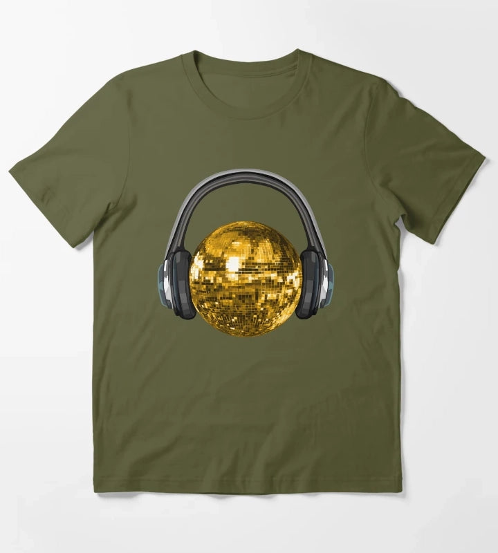 Gold Disco Ball with Headphones T-Shirt Olive Green