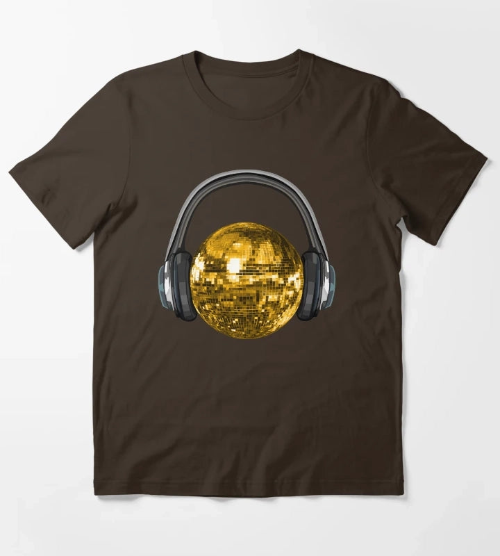 Gold Disco Ball with Headphones T-Shirt Brown