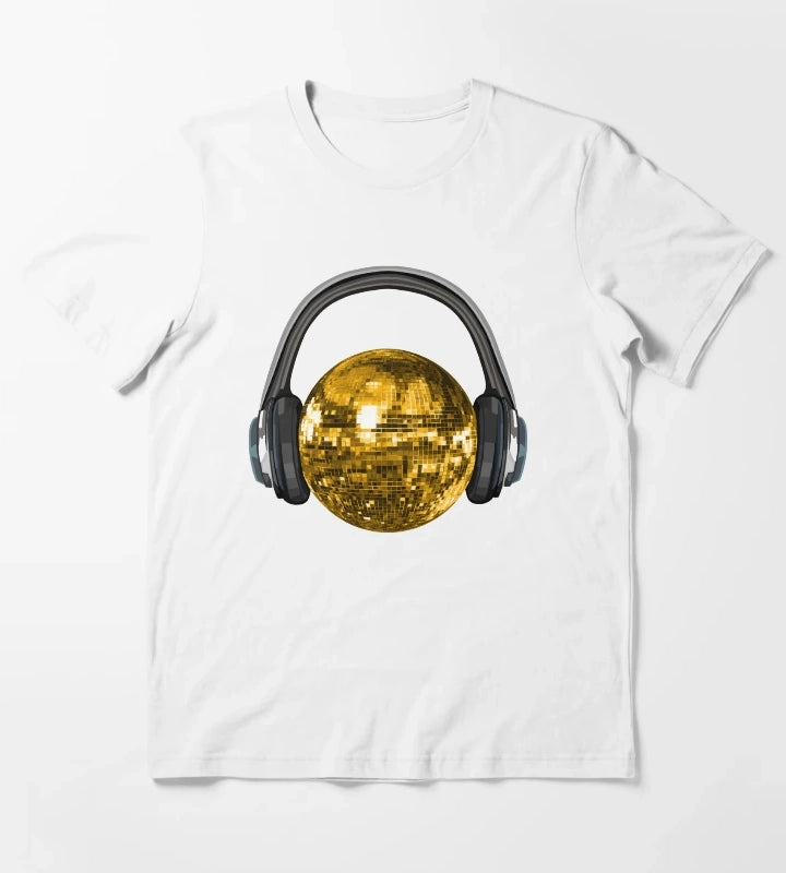 Gold Disco Ball with Headphones T-Shirt White