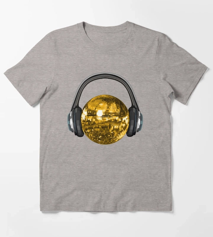 Gold Disco Ball with Headphones T-Shirt Heather Grey