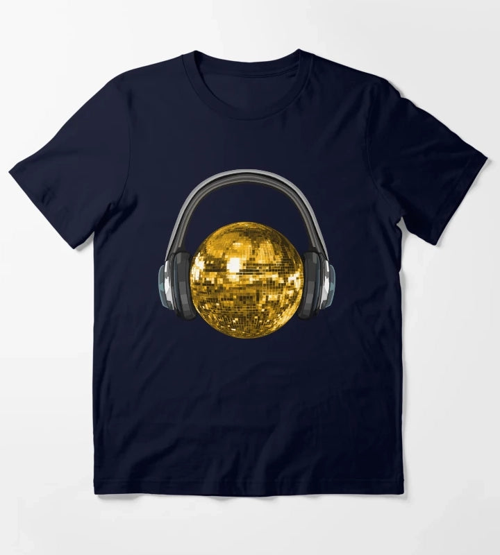 Gold Disco Ball with Headphones T-Shirt Navy