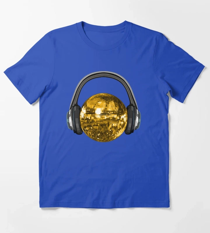 Gold Disco Ball with Headphones T-Shirt Blue