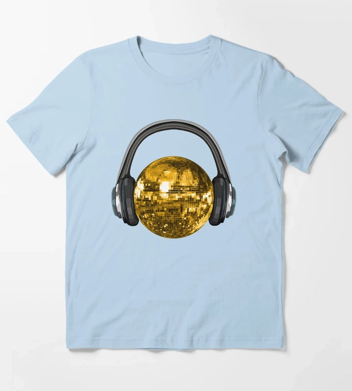 Gold Disco Ball with Headphones T-Shirt Sky Blue