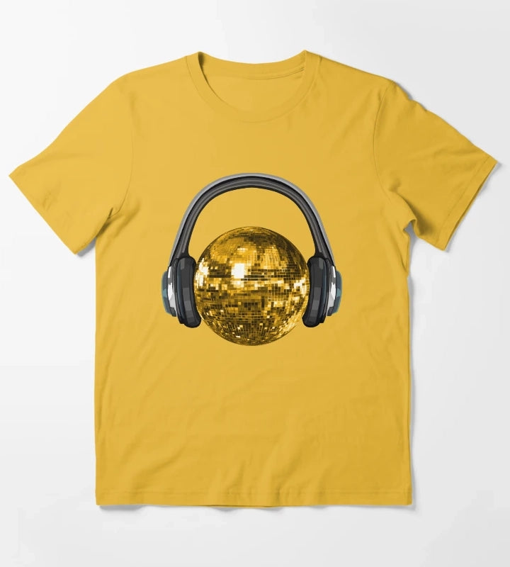 Gold Disco Ball with Headphones T-Shirt Yellow
