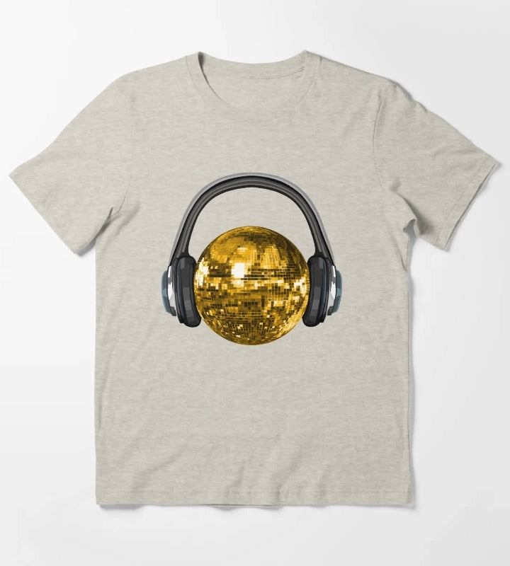 Gold Disco Ball with Headphones T-Shirt Cream