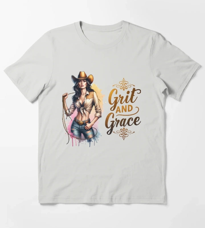 Grit and Grace Cowgirl with Hat and Lasso Design for Apparel Mugs Stickers More T-Shirt Light Grey