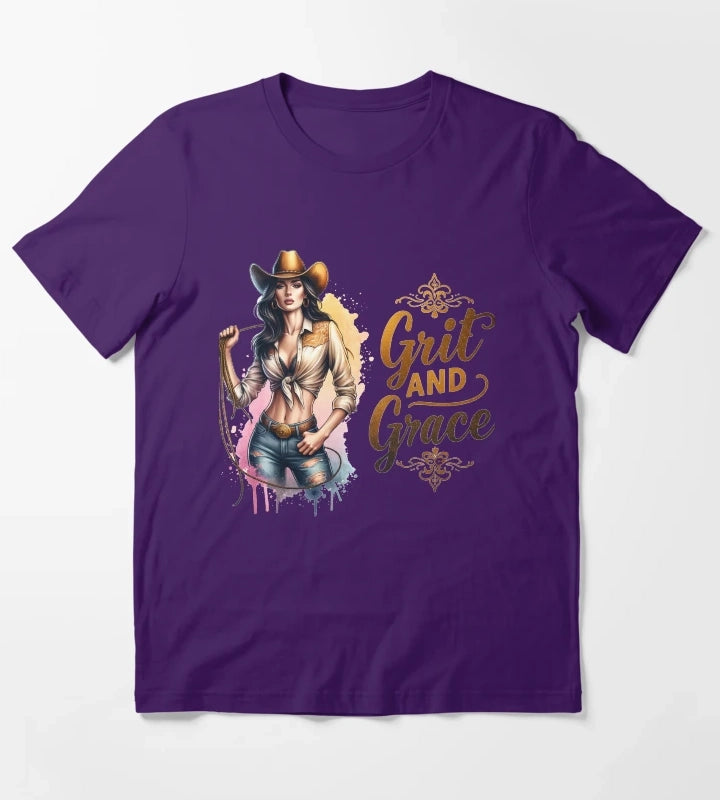 Grit and Grace Cowgirl with Hat and Lasso Design for Apparel Mugs Stickers More T-Shirt Purple