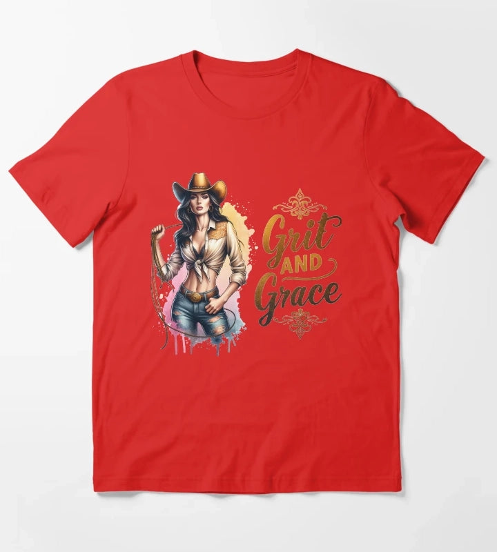 Grit and Grace Cowgirl with Hat and Lasso Design for Apparel Mugs Stickers More T-Shirt Red