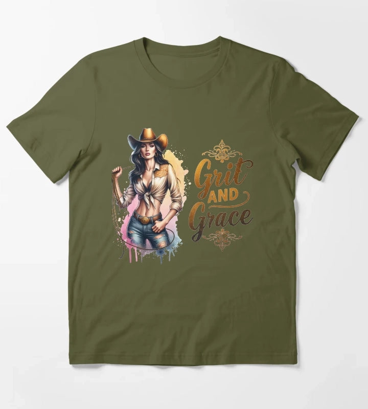 Grit and Grace Cowgirl with Hat and Lasso Design for Apparel Mugs Stickers More T-Shirt Olive Green
