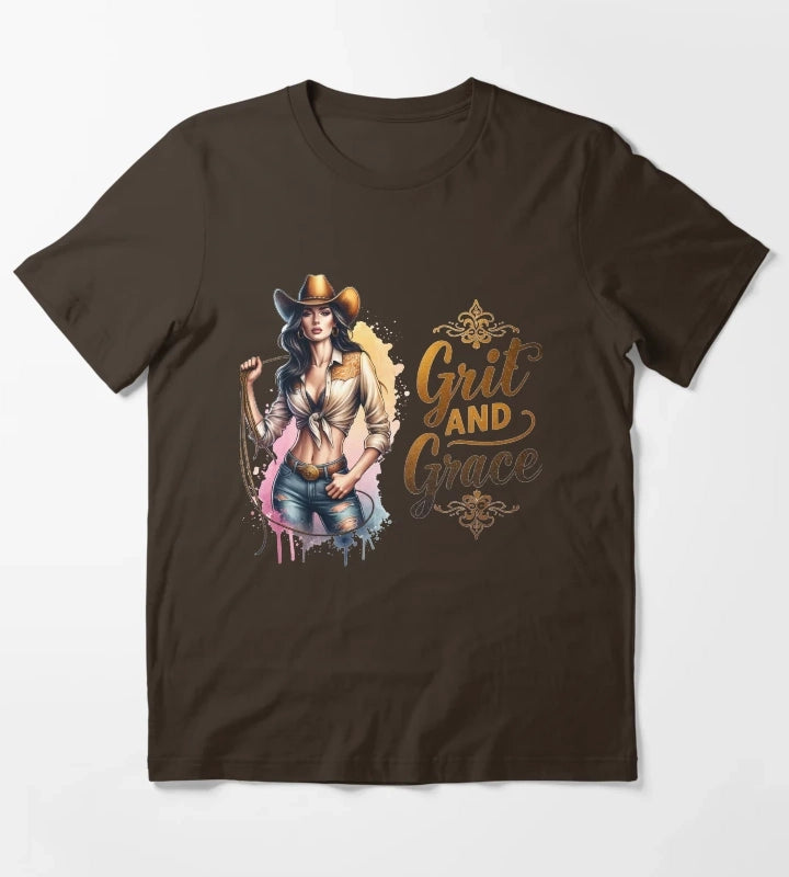 Grit and Grace Cowgirl with Hat and Lasso Design for Apparel Mugs Stickers More T-Shirt Brown