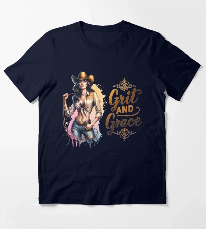 Grit and Grace Cowgirl with Hat and Lasso Design for Apparel Mugs Stickers More T-Shirt Navy