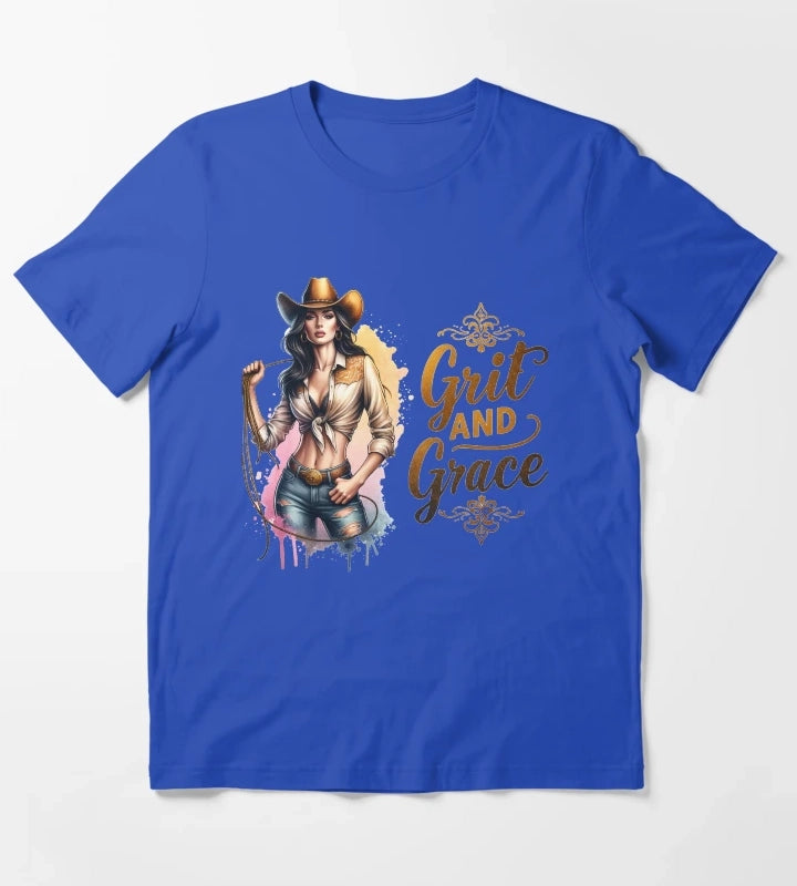 Grit and Grace Cowgirl with Hat and Lasso Design for Apparel Mugs Stickers More T-Shirt Blue