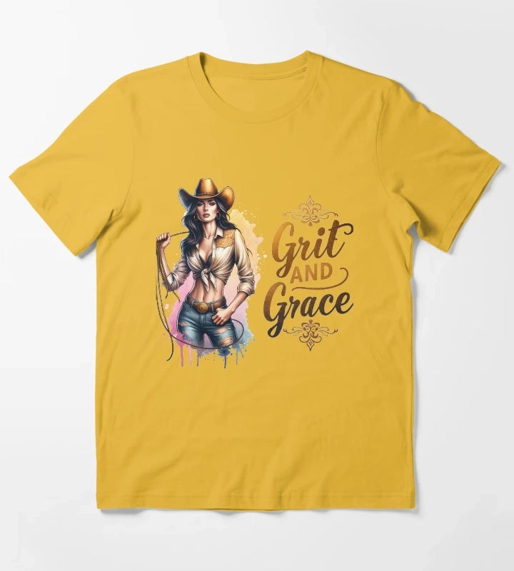 Grit and Grace Cowgirl with Hat and Lasso Design for Apparel Mugs Stickers More T-Shirt Yellow