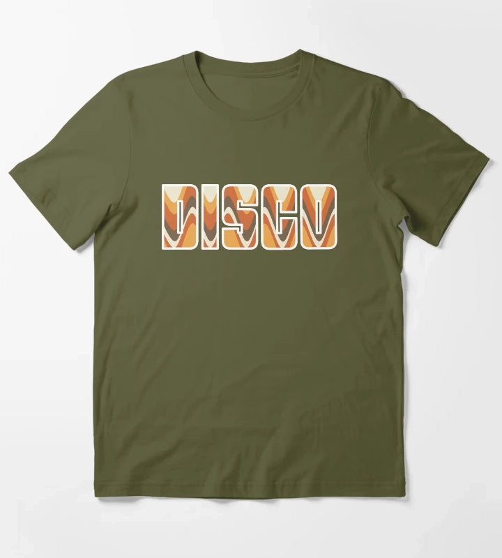 Groovy Disco Waves 70s Brown and Orange Retro Swirl T-Shirt Olive Green
