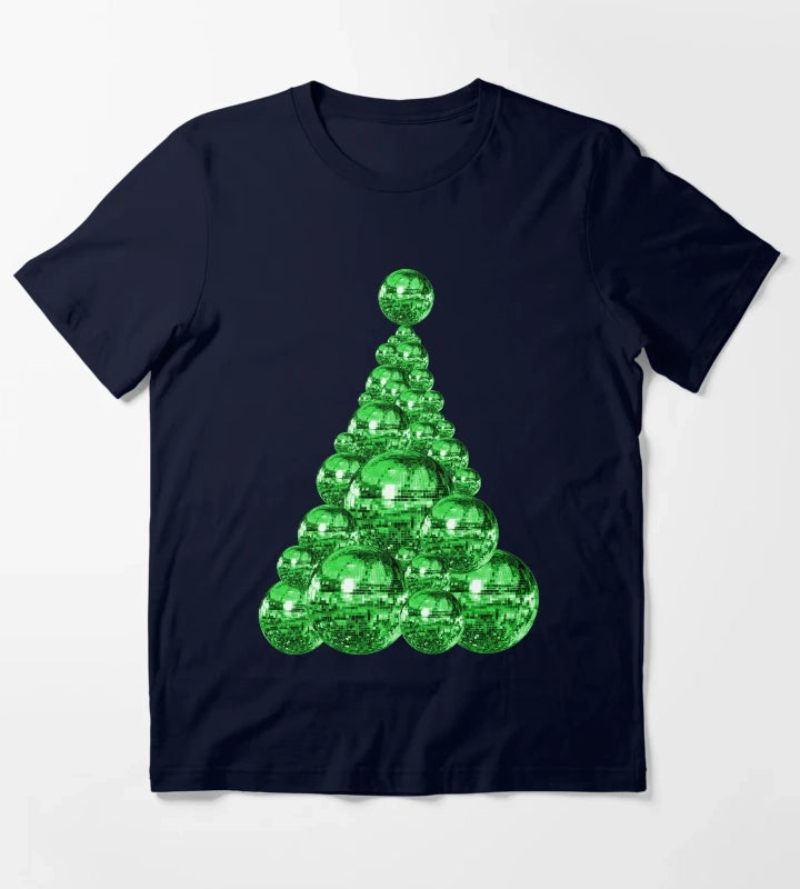 Groovy Green Disco Ball Christmas Tree T-Shirt Navy
