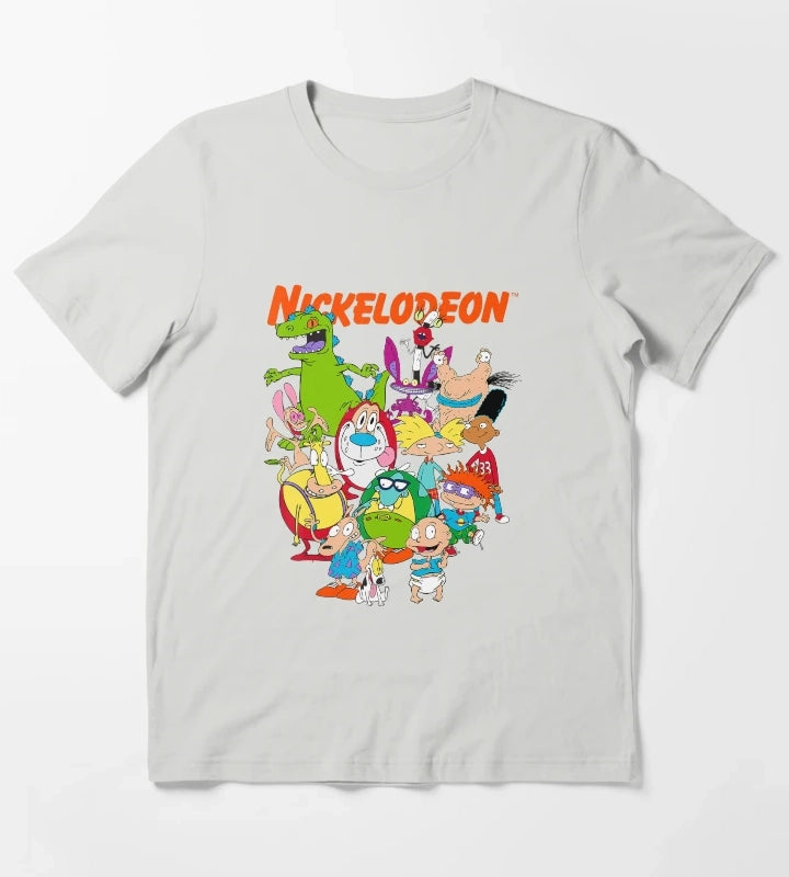 Group Shot All Retro 90s Cartoon Characters T-Shirt Light Grey