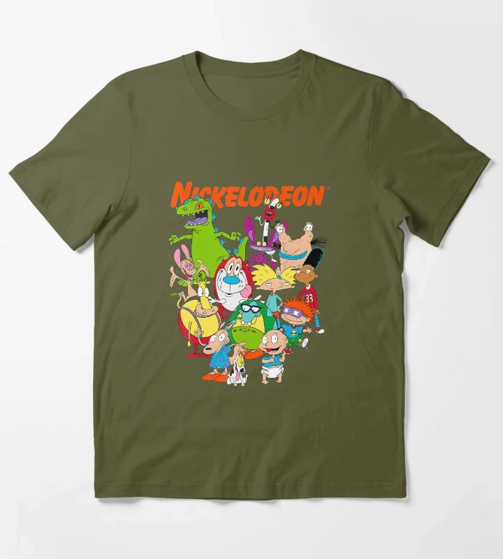 Group Shot All Retro 90s Cartoon Characters T-Shirt Olive Green