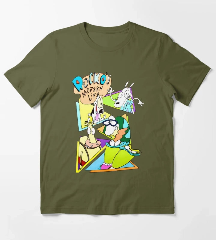 Group of Friends Cartoon Characters T-Shirt Olive Green