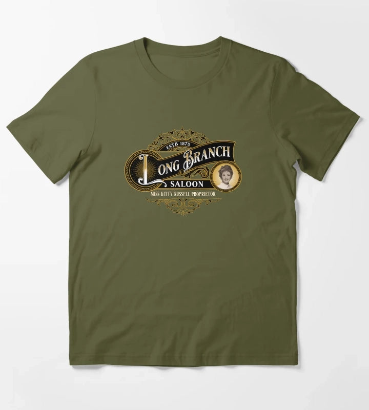 Gunsmoke Miss Kittys Long Branch Saloon Western T-Shirt Olive Green
