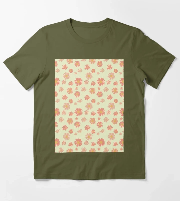 Hand drawn daisy flower pattern T-Shirt Olive Green