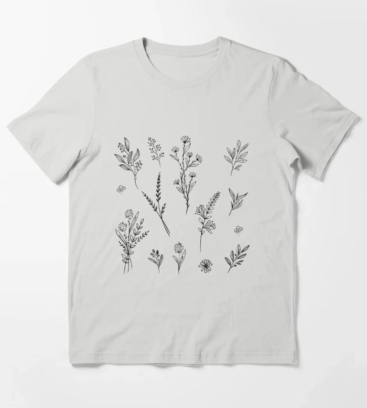 Handdrawn Wildflower Stickers T-Shirt Light Grey